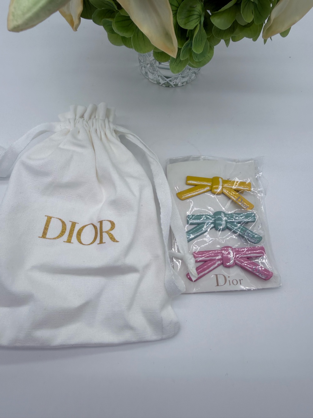 Set of 3 Dior Beauty Bow Hair Clips Pink Green Yellow Gift With Purchase